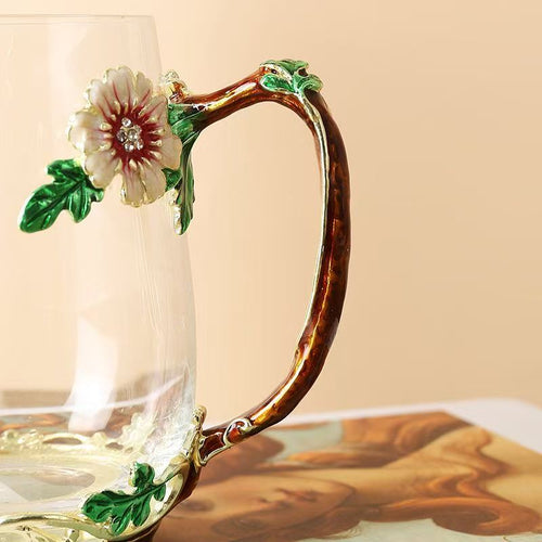 Chinese Enamel Peony Glass Mug with Lid – Oriental Tea & Coffee Cup | Elegant Gift of Fortune and Prosperity