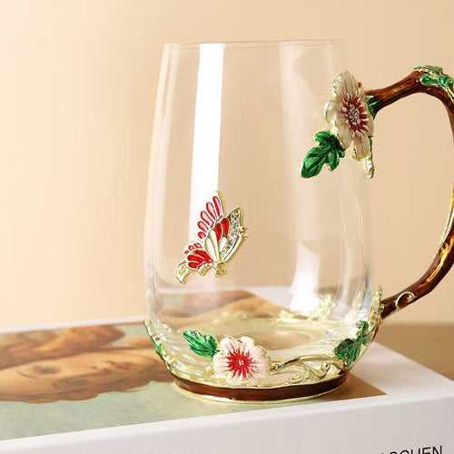 Chinese Enamel Peony Glass Mug with Lid – Oriental Tea & Coffee Cup | Elegant Gift of Fortune and Prosperity