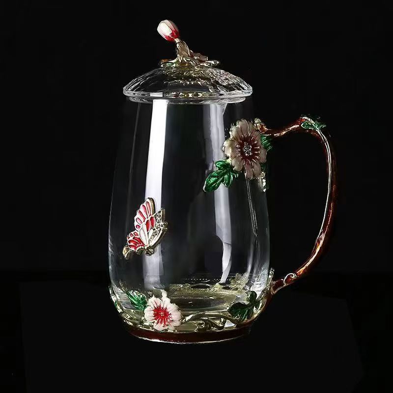 Chinese Enamel Peony Glass Mug with Lid – Oriental Tea & Coffee Cup | Elegant Gift of Fortune and Prosperity